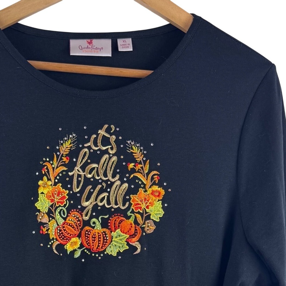 Quacker Factory Top Women XL Black Long Sleeve Its Fall Yall Embroidered Pumpkin